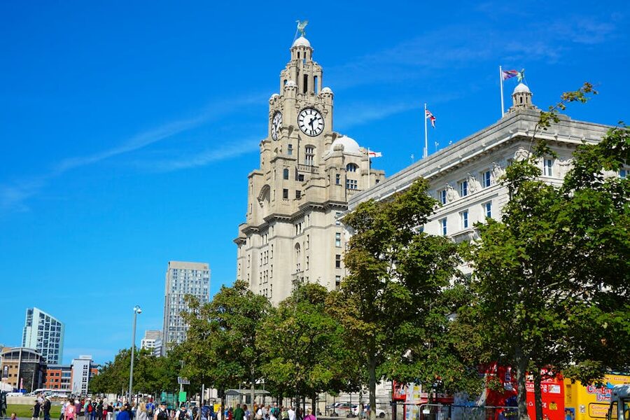 Royal Liver Building under blue sky in Liverpool