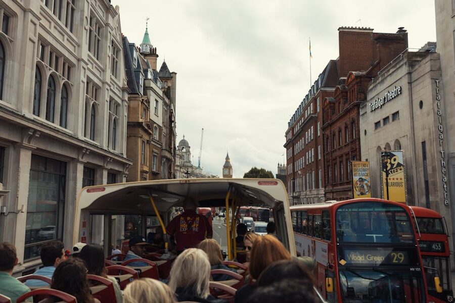 View from the upper deck of a London hop-on hop-off bus toward Big Ben