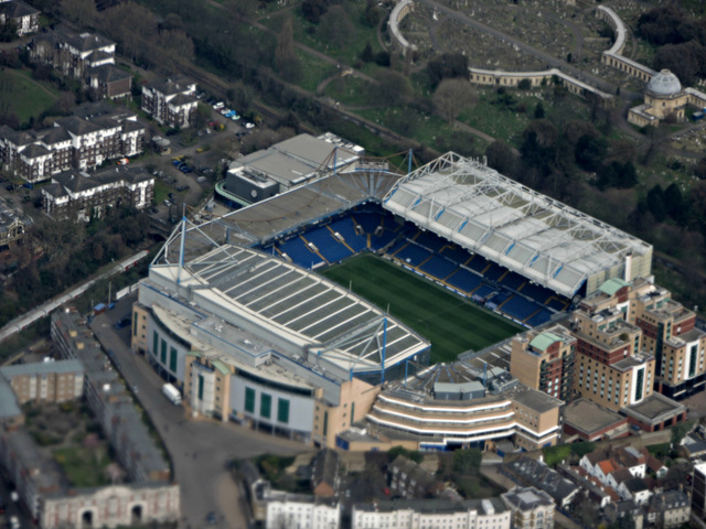 Stamford Bridge stadium aerial view from the air