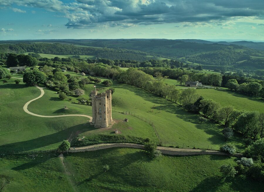 Cotswolds tower aerial countryside view