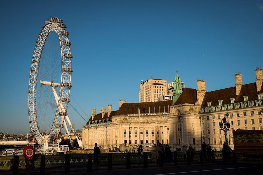 London Dungeon County Hall and London Eye evening clear sky