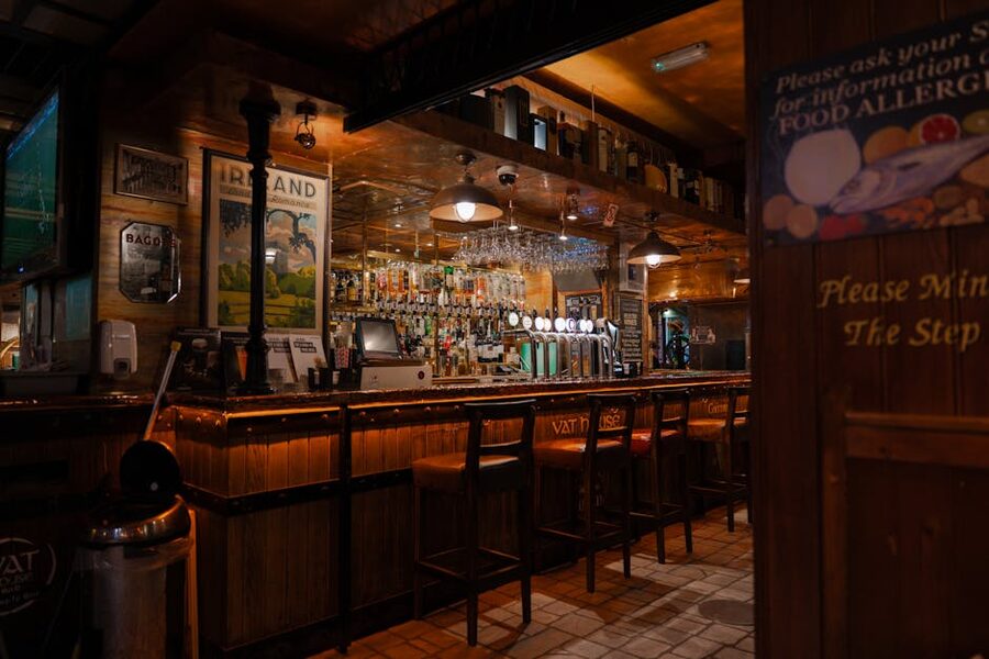 Wooden bar and stools old London pub interior reference