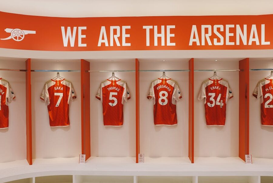 Arsenal jerseys hanging in Emirates Stadium home dressing room