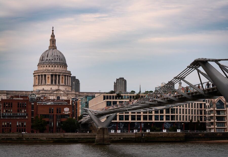 Millennium Bridge over Thames at dusk London