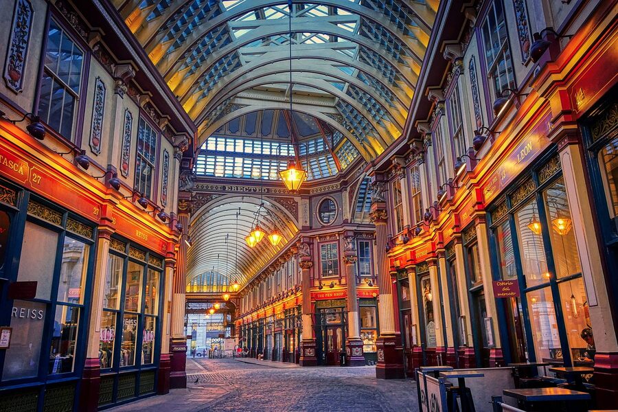 Leadenhall Market shopping arcade lit interior