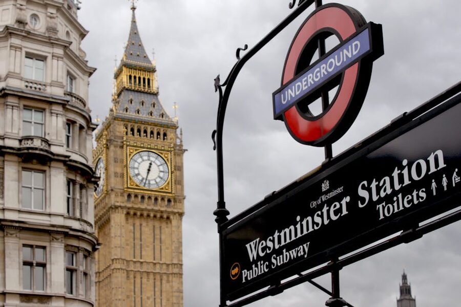 Westminster Underground sign with Big Ben London