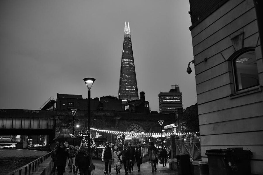 Black-and-white London night scene