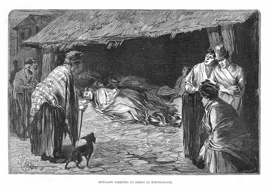 Outcast sleeping in sheds in Whitechapel 1888 illustration