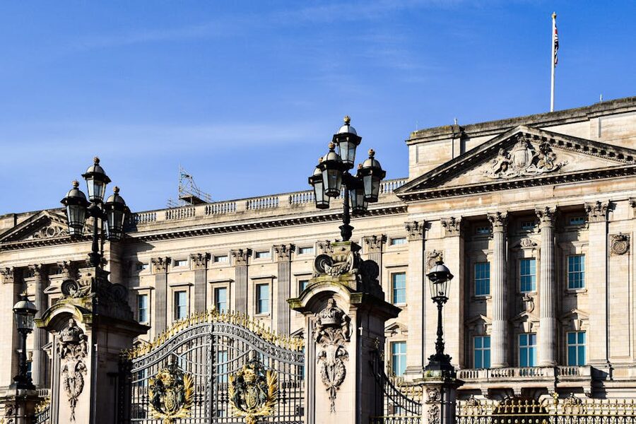 Buckingham Palace facade lit at night in London