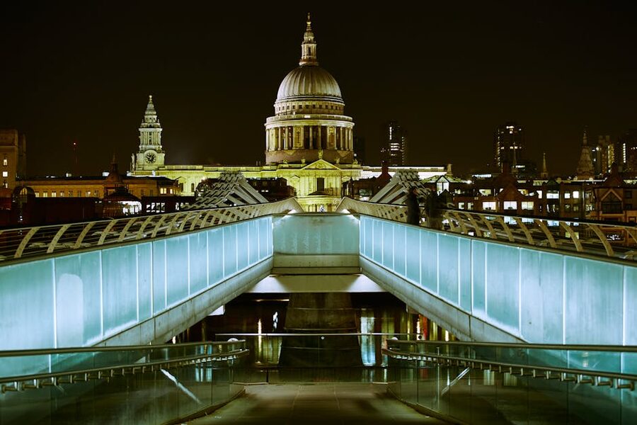 St Paul's Cathedral cream-floodlit at night seen from Millennium Bridge