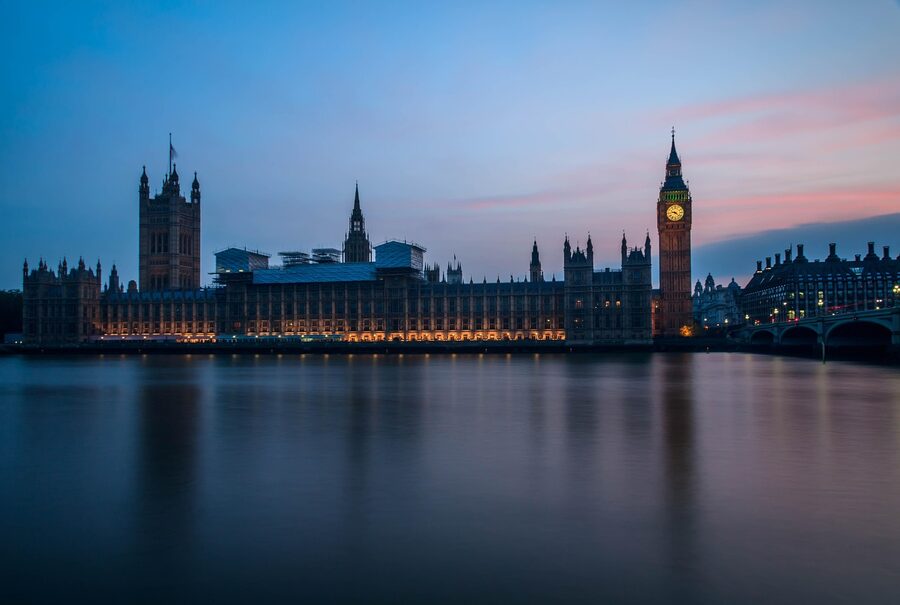 Westminster Palace at blue hour over the Thames in London