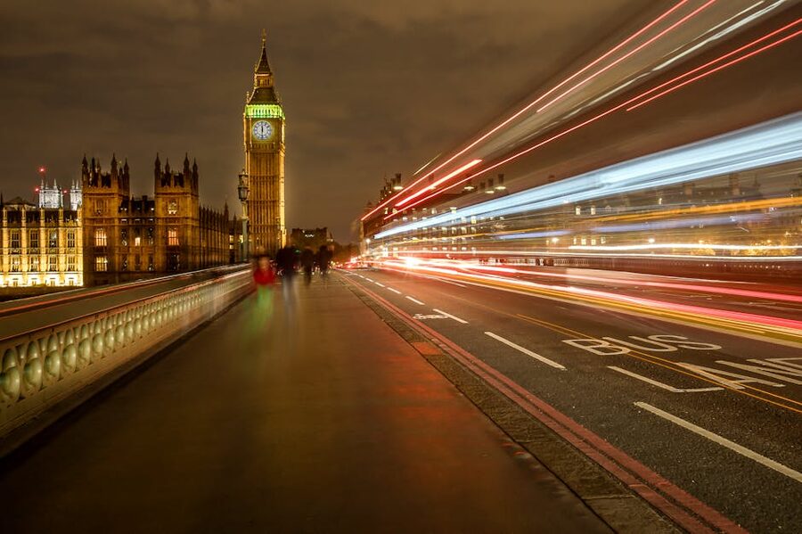 Big Ben light trails long exposure with Westminster Bridge at night