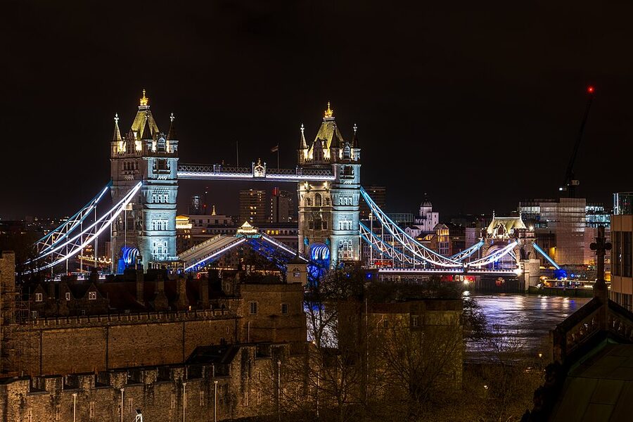 Tower Bridge raised to allow ship passage at night