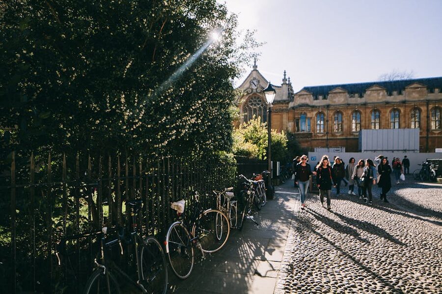 Oxford university sunlit street with bikes