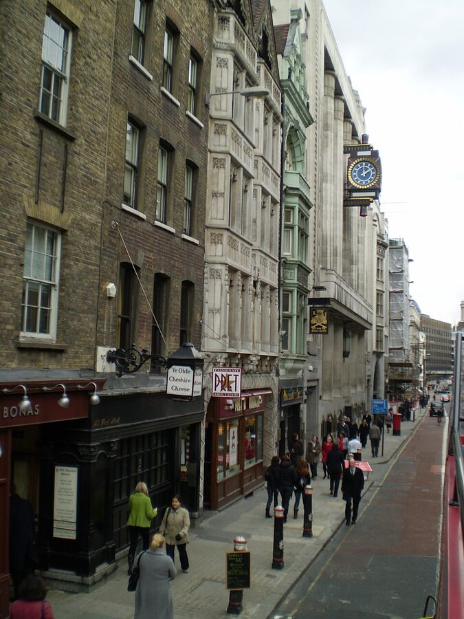 Olde Cheshire Cheese on Fleet Street London with Daily Telegraph clock