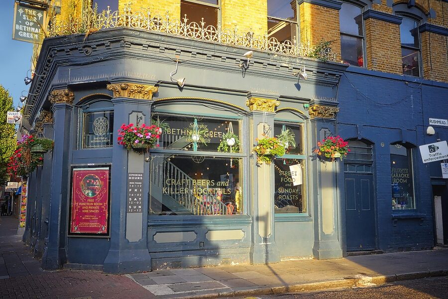 Historic London pub facade in morning light
