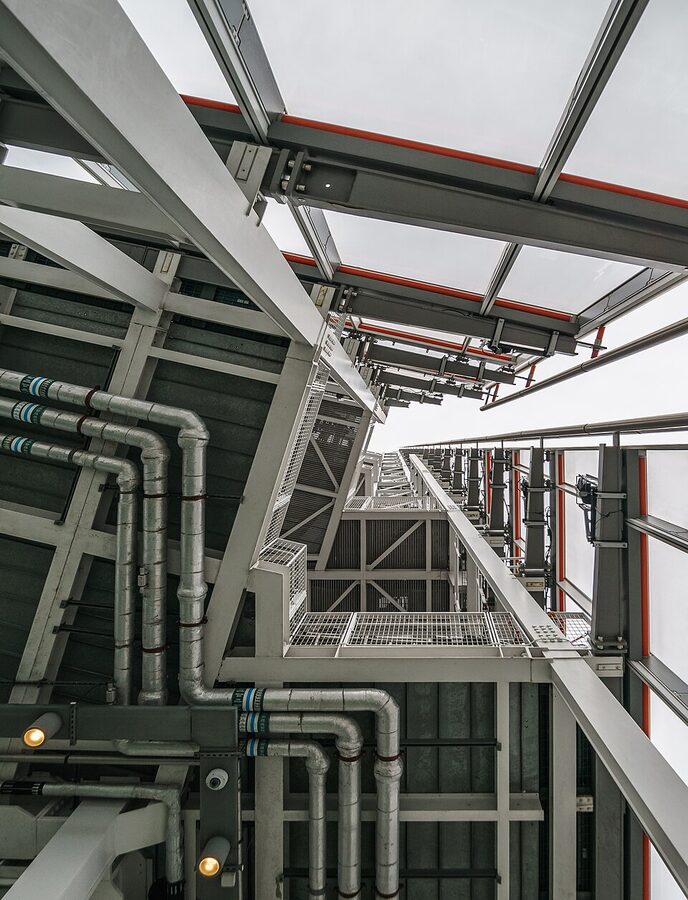 Looking up at the open-air Skydeck on Level 72 of The Shard