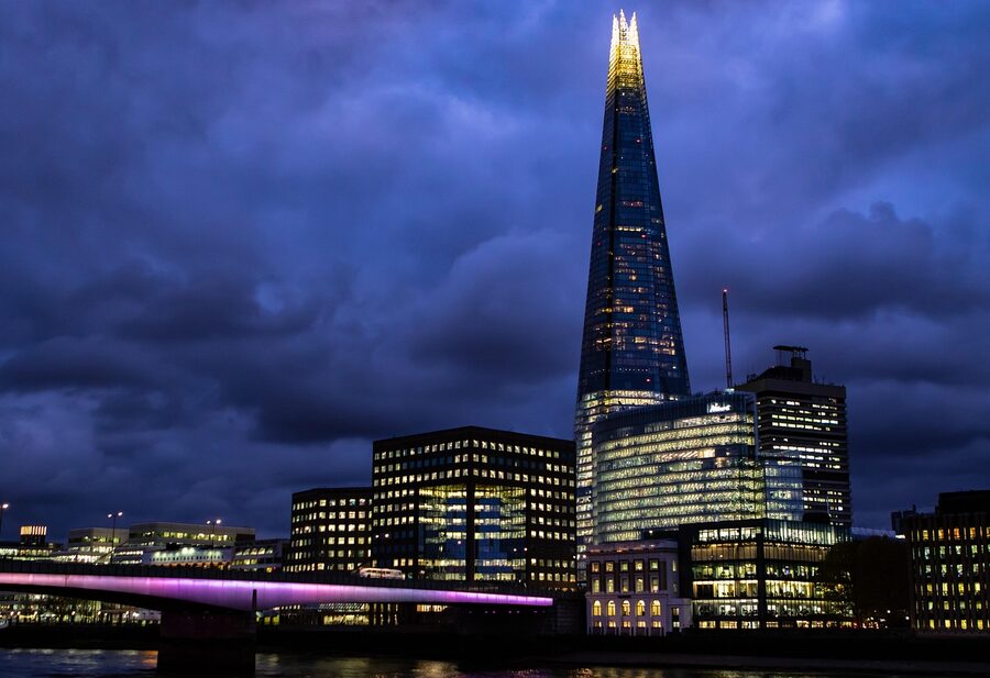 The Shard against an illuminated London skyline at night