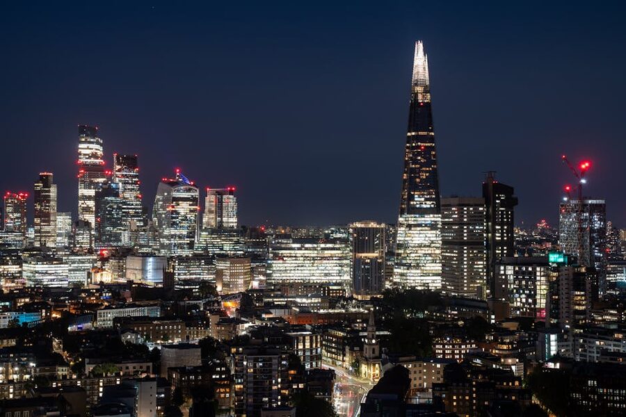 London at night with The Shard and Tower Bridge illuminated
