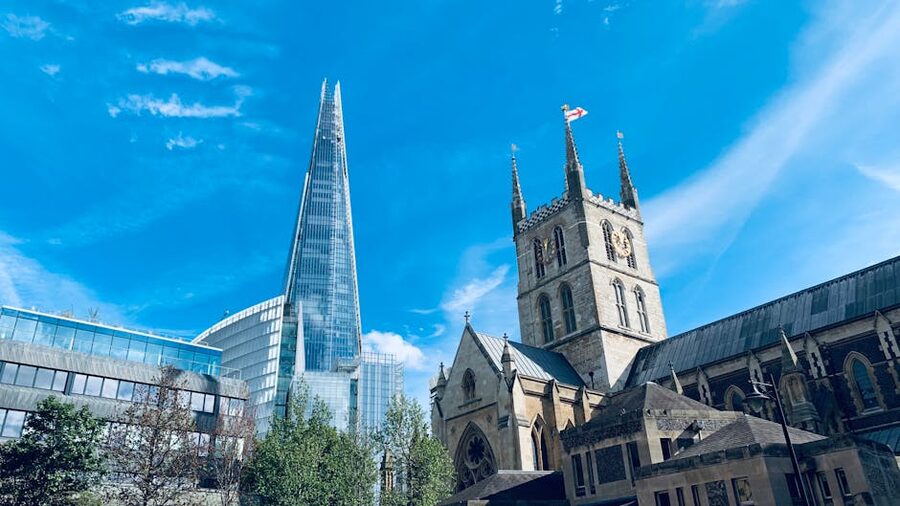 The Shard and Southwark Cathedral on a clear day