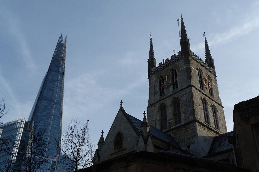 The Shard rising behind Southwark Cathedral
