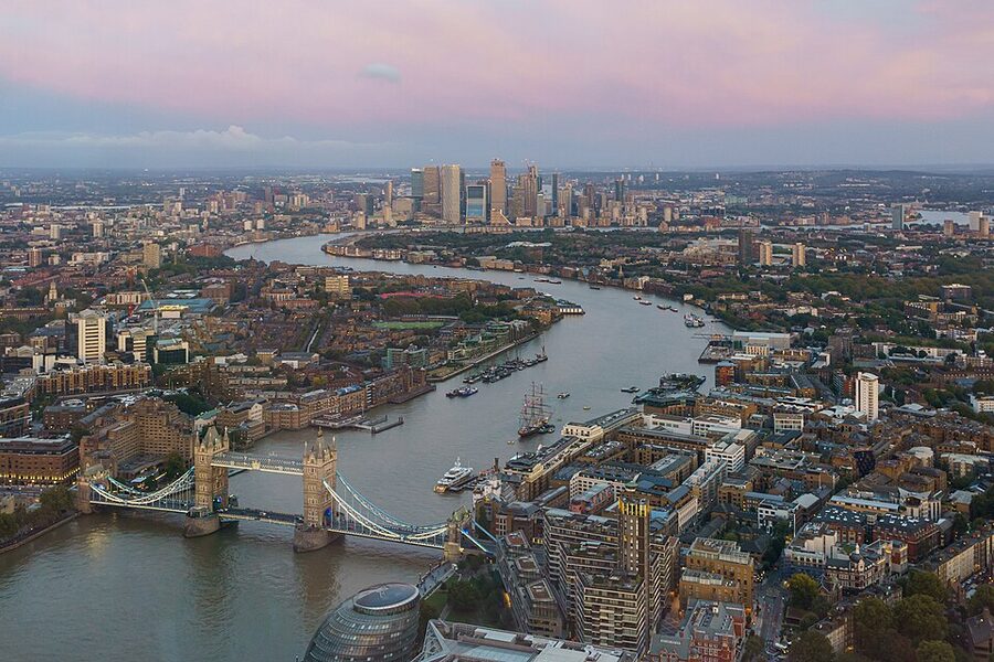 Tower Bridge seen from The Shard viewing gallery in the evening