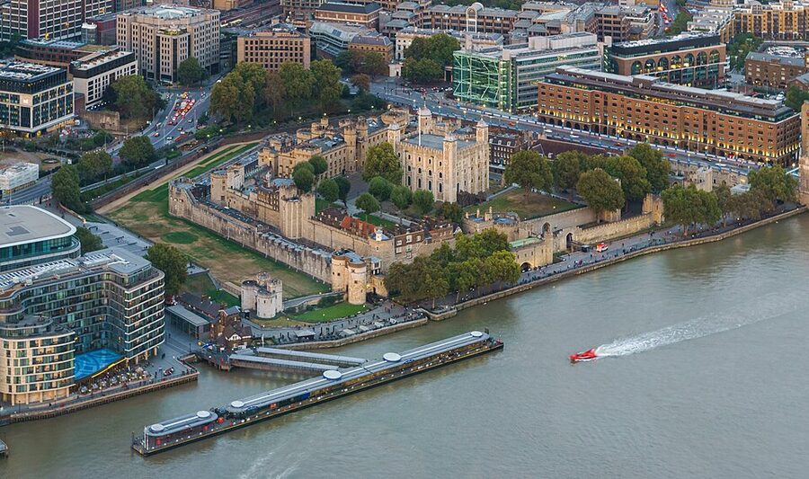 Tower of London from The Shard viewing gallery in the evening
