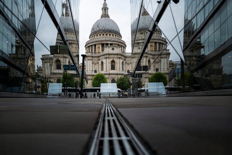 St Pauls Cathedral framed by modern glass City of London
