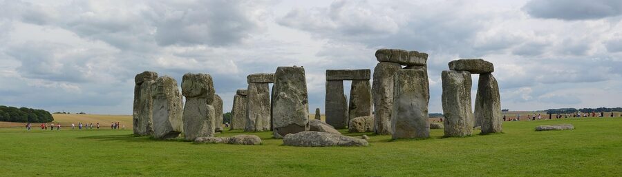 Stonehenge panoramic view with English clouds
