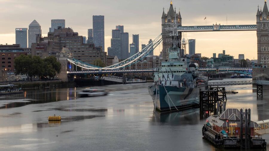 Tower Bridge and HMS Belfast on the Thames at dusk