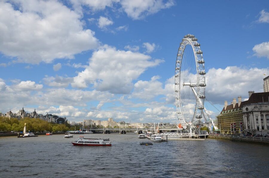 London Eye and River Thames with sightseeing boats blue sky