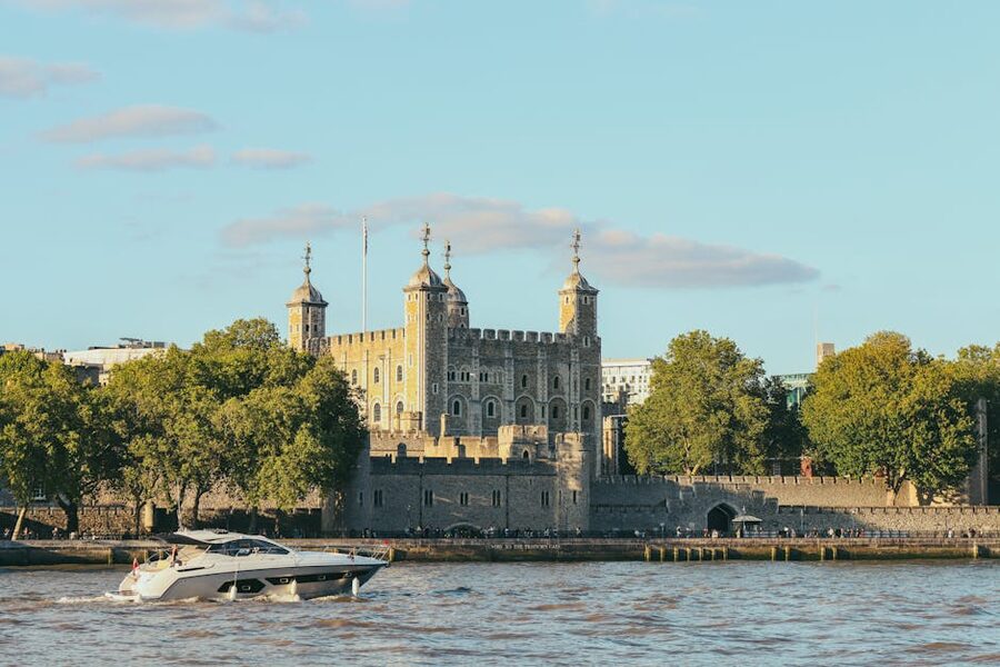 Tower of London from the River Thames with boat