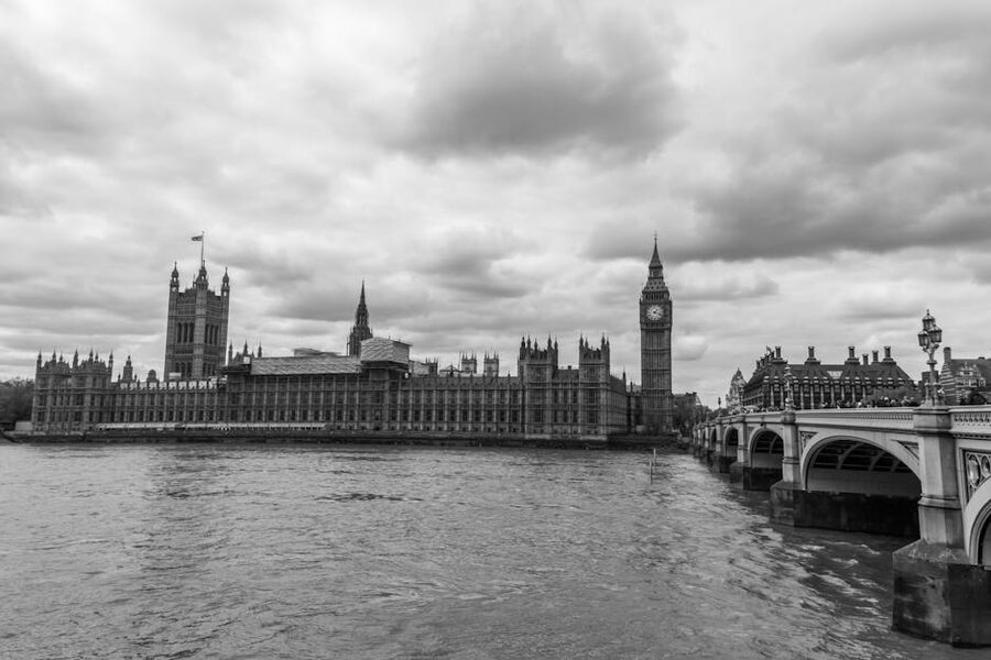 Big Ben and the Palace of Westminster from the Thames black and white