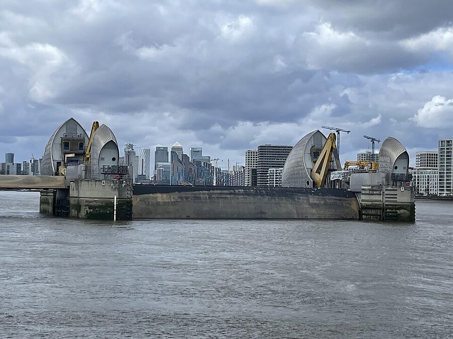 Thames Barrier silver shells flood defence at Woolwich London