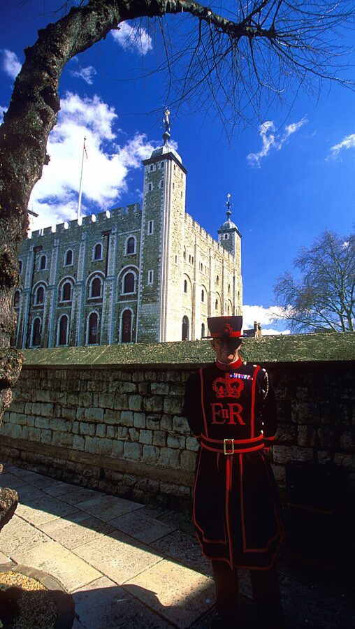A Yeoman Warder Beefeater on duty at the Tower of London