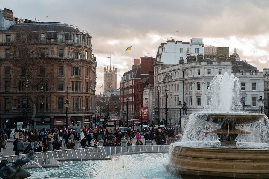 Crowd at Trafalgar Square fountain in central London