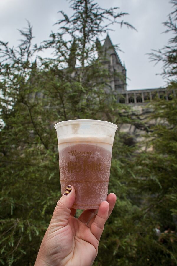 Butterbeer in a souvenir glass at WB Studio Tour