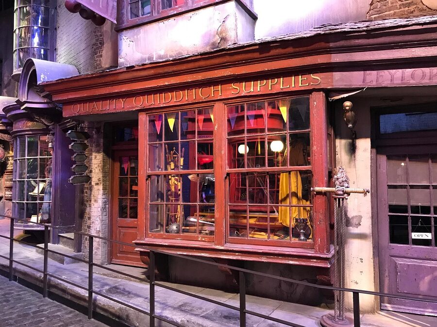 Diagon Alley shop with evening lights at WB Studio Tour