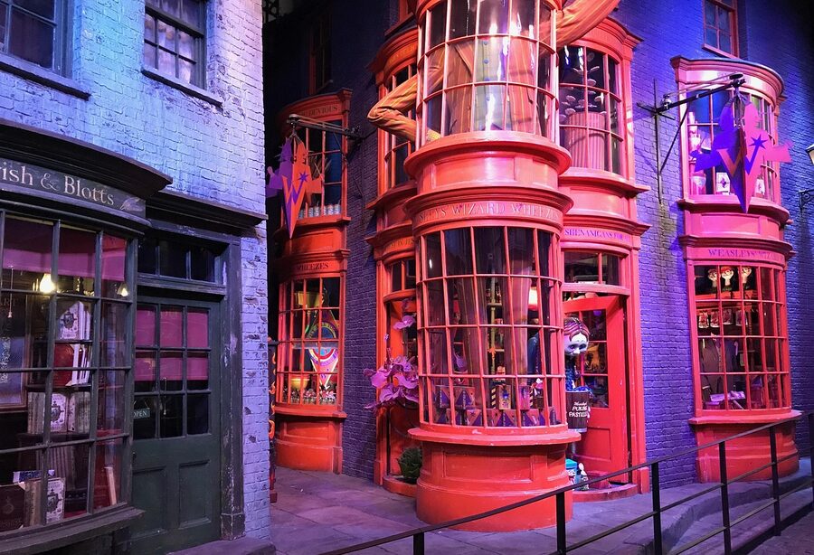 A Diagon Alley shop window with detailed prop dressing