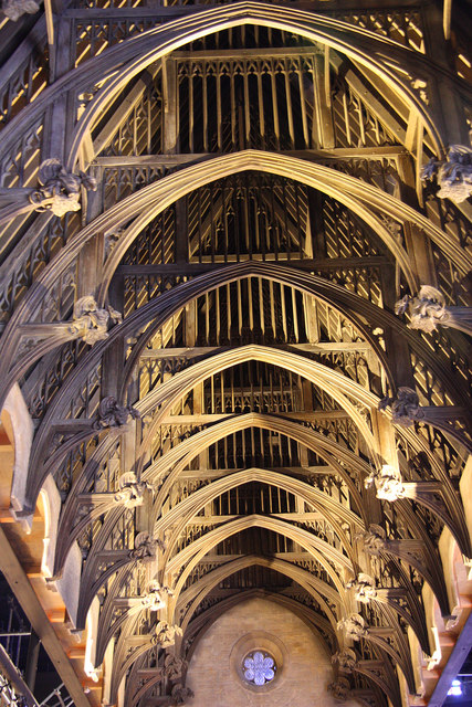 The roof and beams of the Great Hall film set