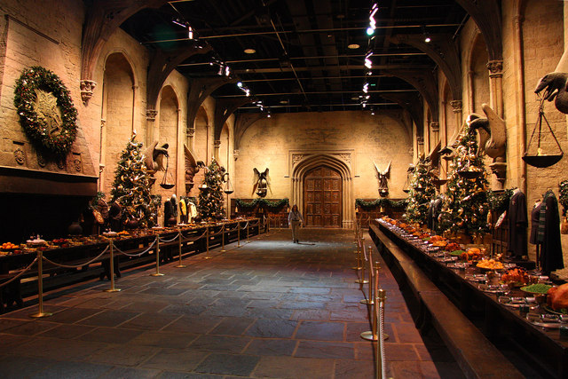 The long oak tables and benches in the Great Hall film set