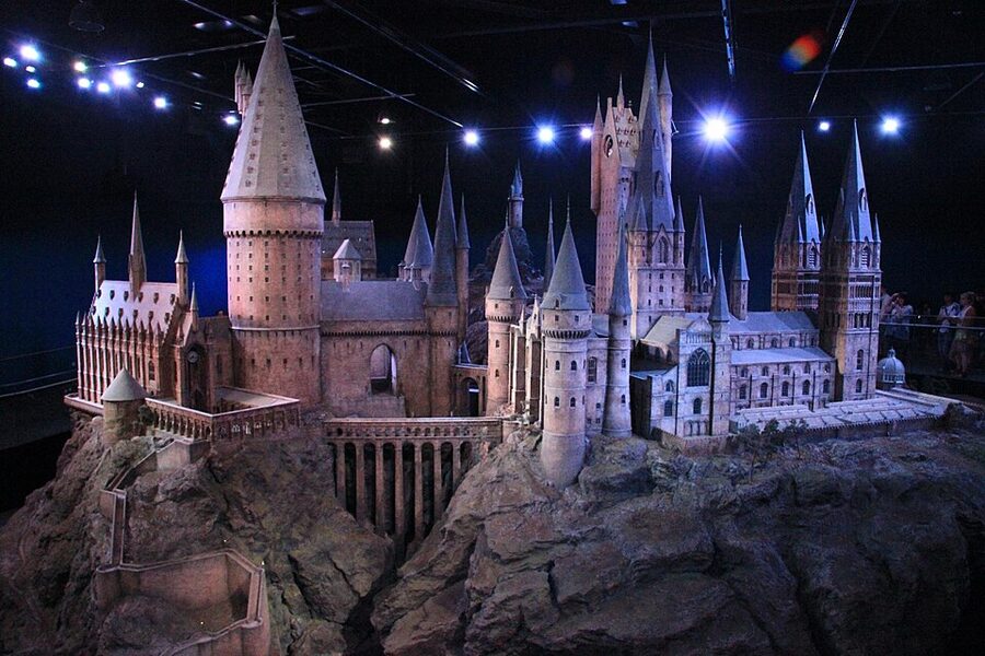 Close-up of a tower on the Hogwarts model