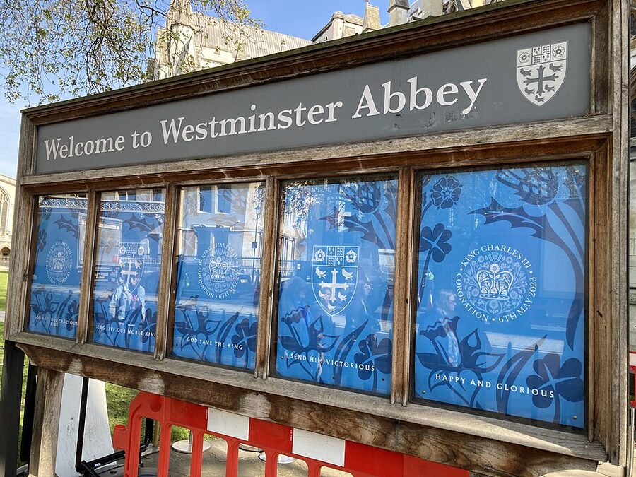 Westminster Abbey 2023 coronation posters in London streets