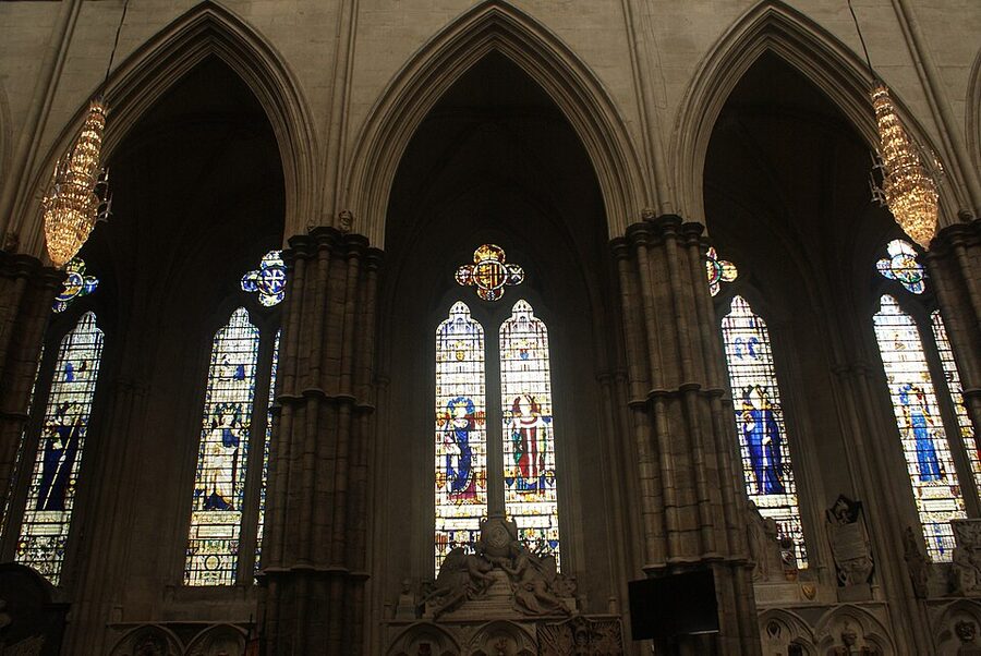 Stained glass windows in nave of Westminster Abbey