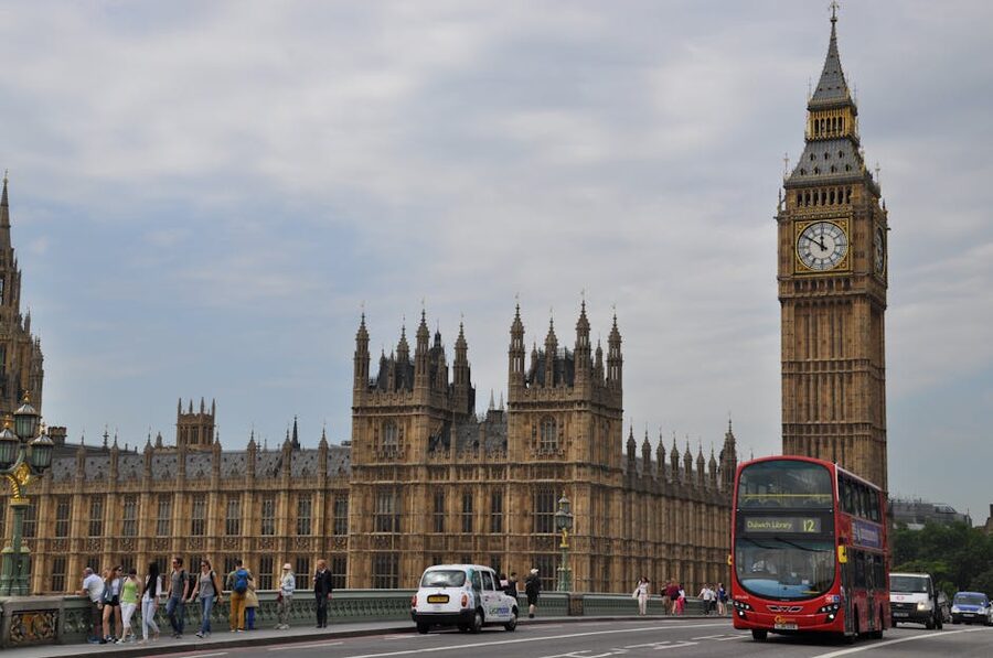 Red bus crossing Westminster Bridge with Big Ben