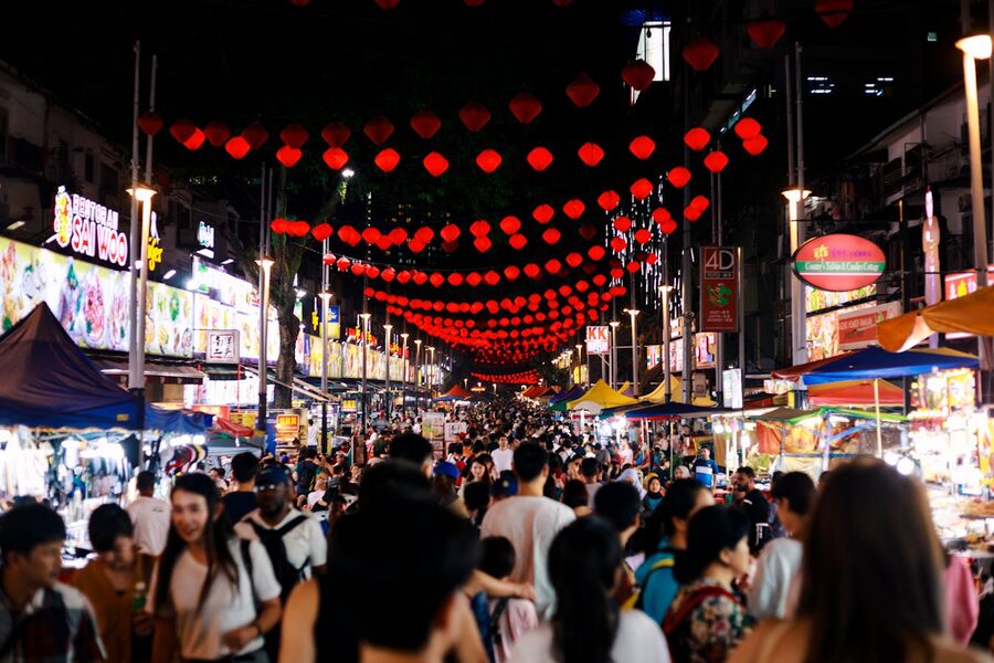Night market in Kuala Lumpur with red lanterns