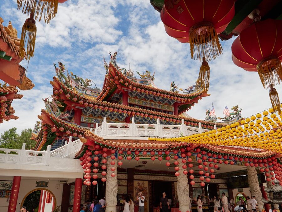 Brightly decorated Chinese temple with lanterns
