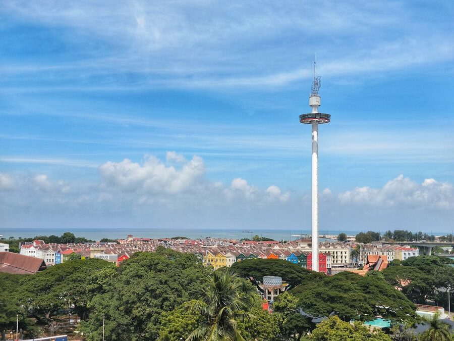 Aerial view of Malacca river and heritage quarter