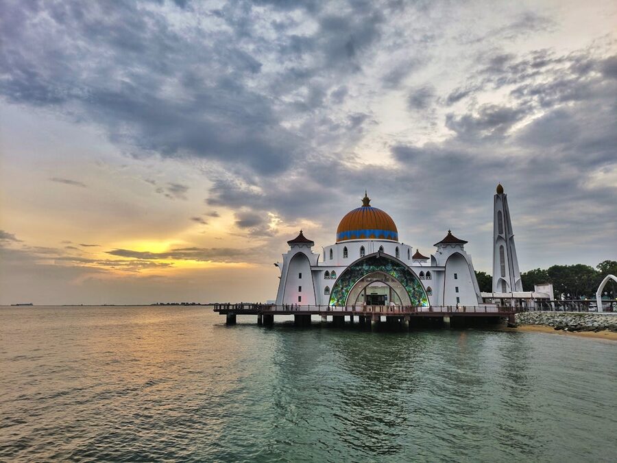 Malacca Straits Mosque at sunset with dramatic sky