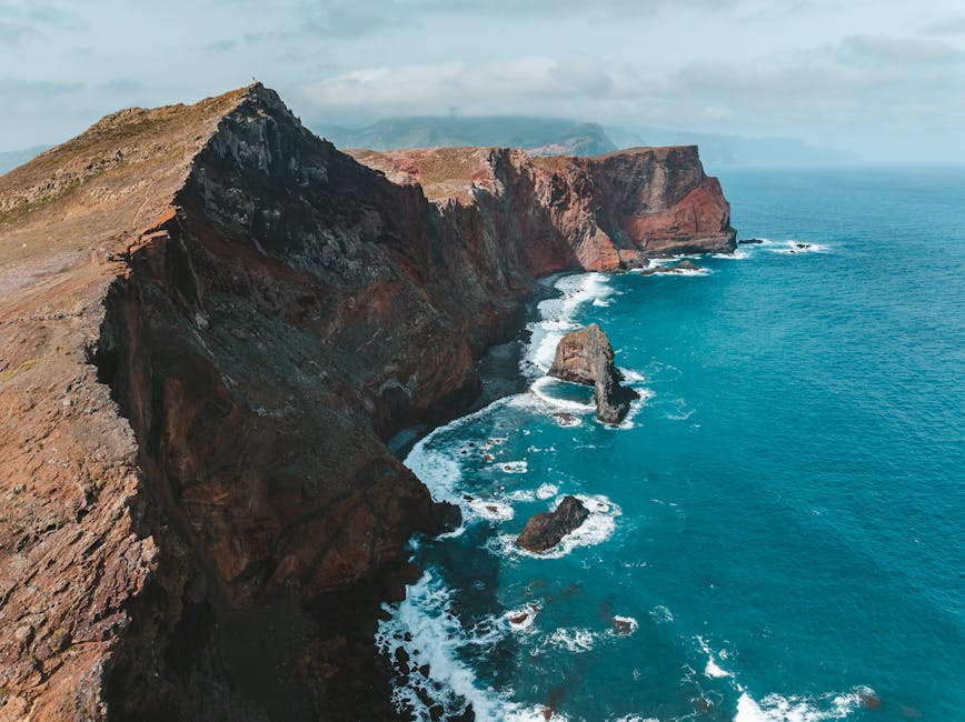 Aerial Madeira cliffs and ocean blue